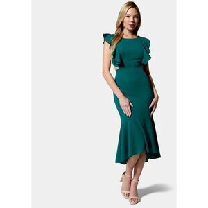 bebe Open Back Ruffle Midi Dress Women's Small Green Short Sleeve Hi-Low NWT